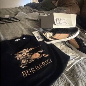 Burberry Black Logo Tee with Tan Check Trim Sneakers